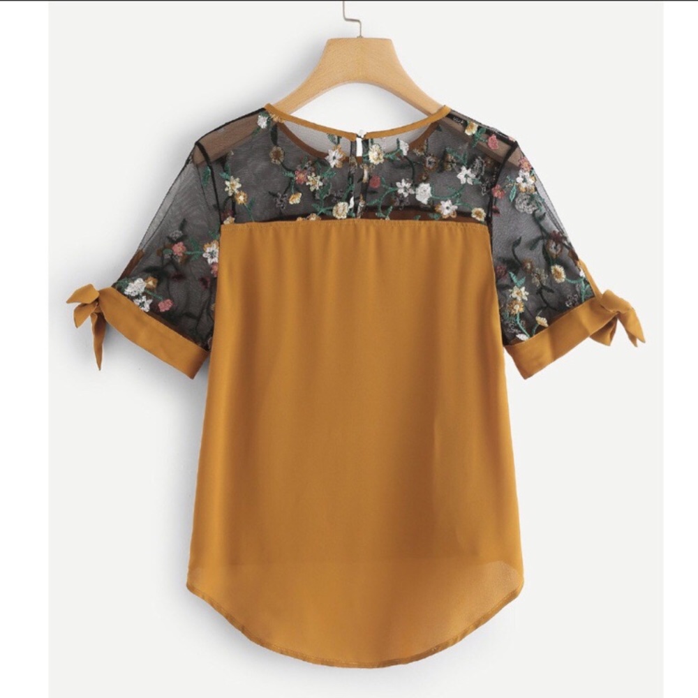 Sheer Mesh Panel Embroidered Blouse